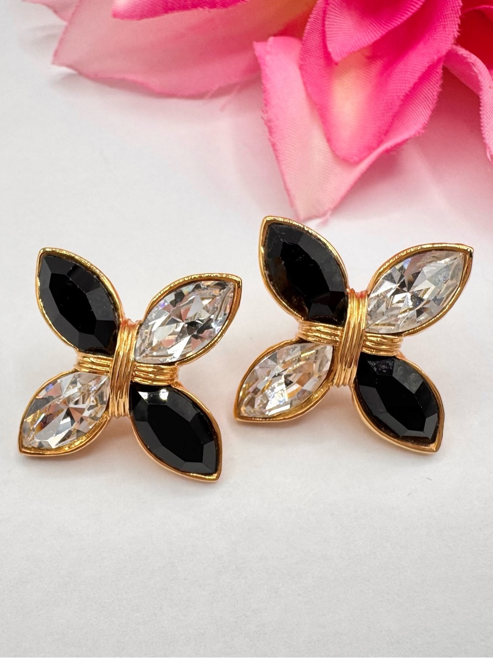Vintage 90s Napier Maltese Cross Stud Earrings Crystal Petals Classic Signed